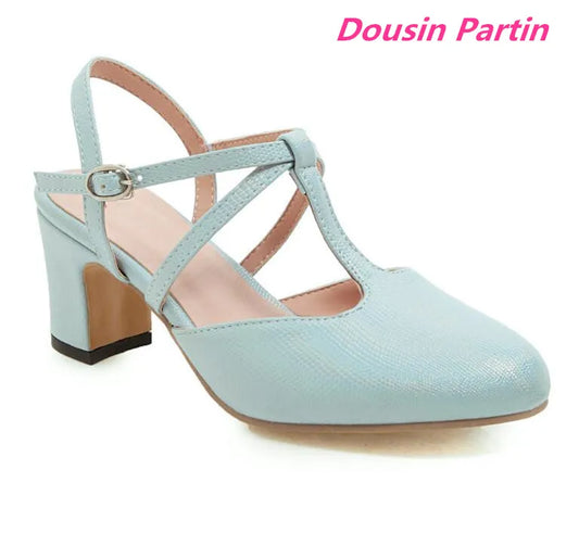 Dousin Partin Women Pumps Bright PU Leather T-strap Round Toe Square High Heel Slingback Buckle Fashion Ladies Sandals