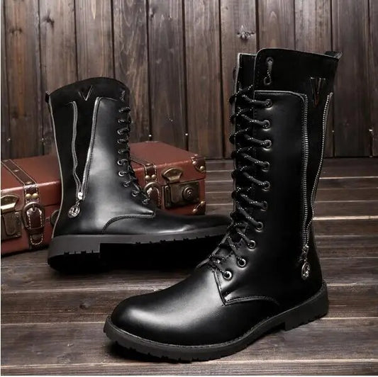 Men Black Leather Military Boots Combat Boots Belt Buckle Punk Martin Motorcycle Boots