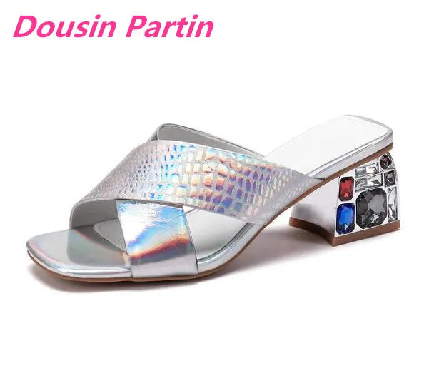 Dousin Partin Women Sandals Bright Cow Leather Rhinestone Coarse High Heel Cross Square Open-toed Slingback Ladies Pumps