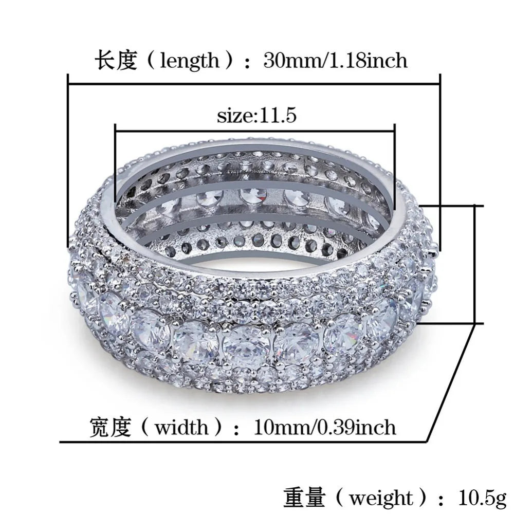 10MM Hip Hop Iced Out Cubic Zircon Bling Round Ring Gold Silver Color Jewelry