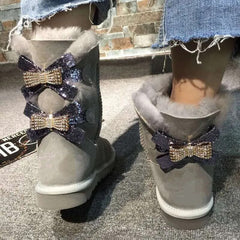 Women Shoes Fashion Two Bows Real Sheepskin Women's Winter Woman Snow Boots