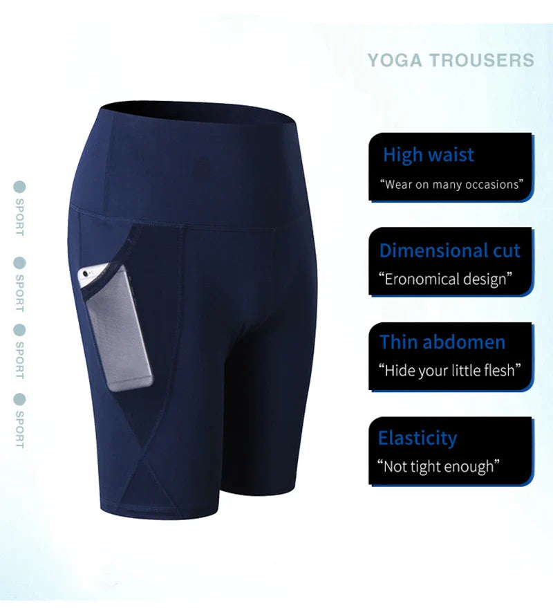 2023 Summer Gym Shorts Women High Waist Compression Quick Dry Yoga Shorts femme Fitness Running Push Up Shorts Pockets Design