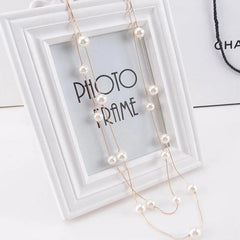 Long Double Layer Simulated Pearl Necklace Women Sweater Chain  Female Collares