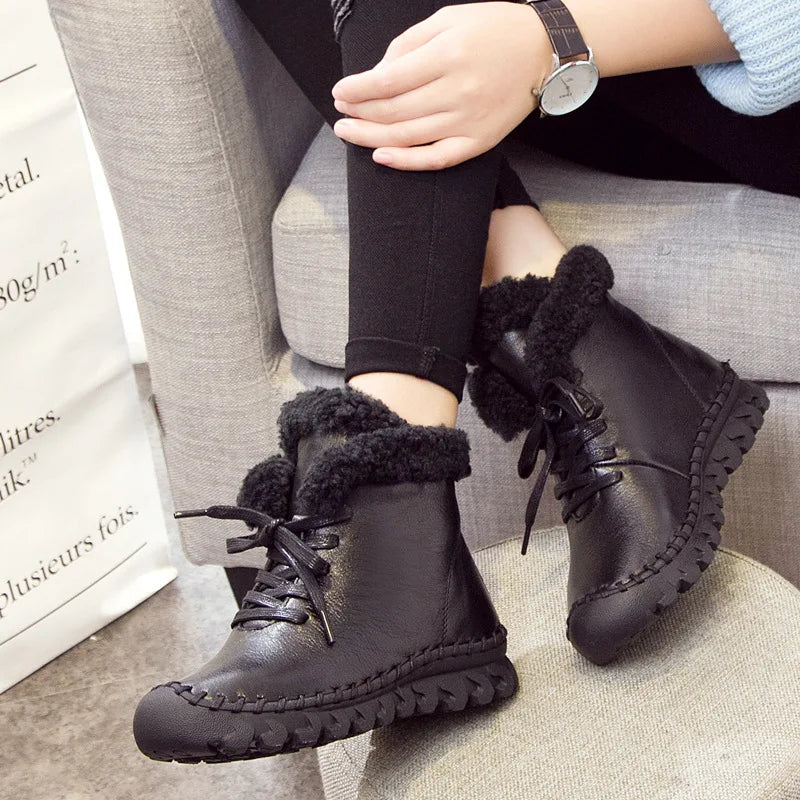 Thick Cotton Winter Boots Womens Fashion Casual Female Genuine Leather Flat