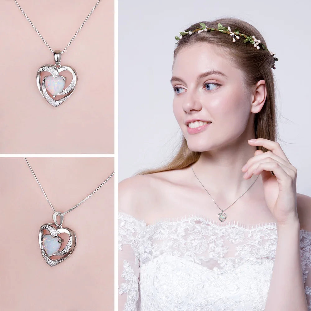 JewelryPalace Heart Love 2.4ct Created Opal 925 Sterling Silver Pendant Necklace