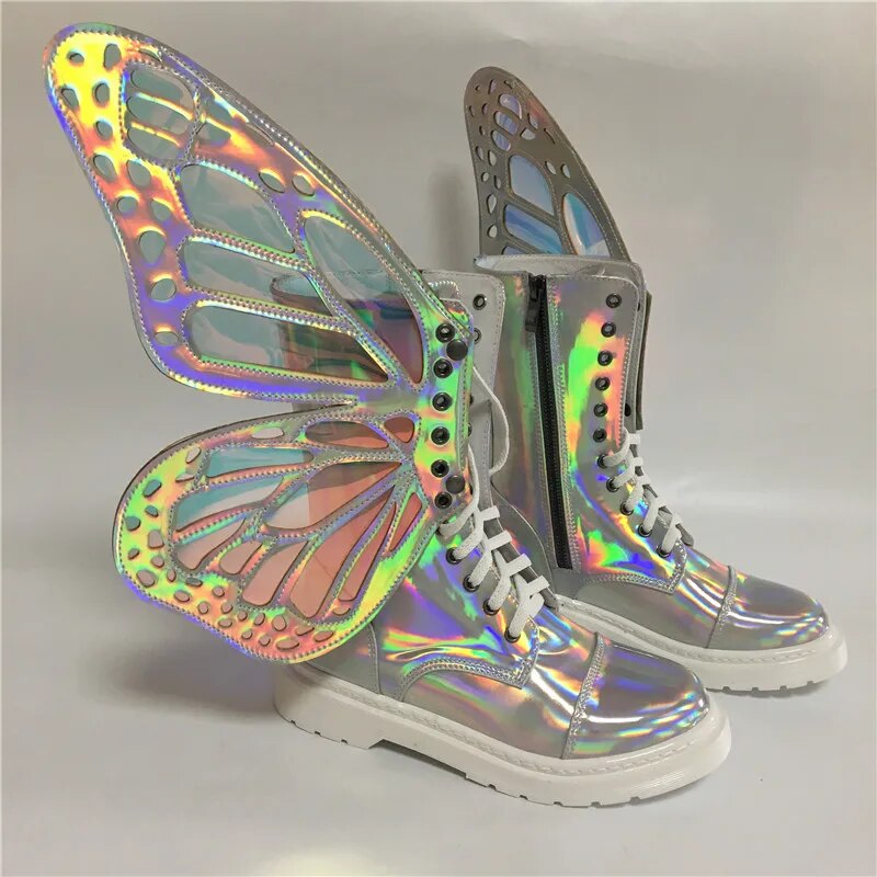 Women Silver Winter Snow Riding Boots Butterfly Wings Fashion Flat Booties Shoes