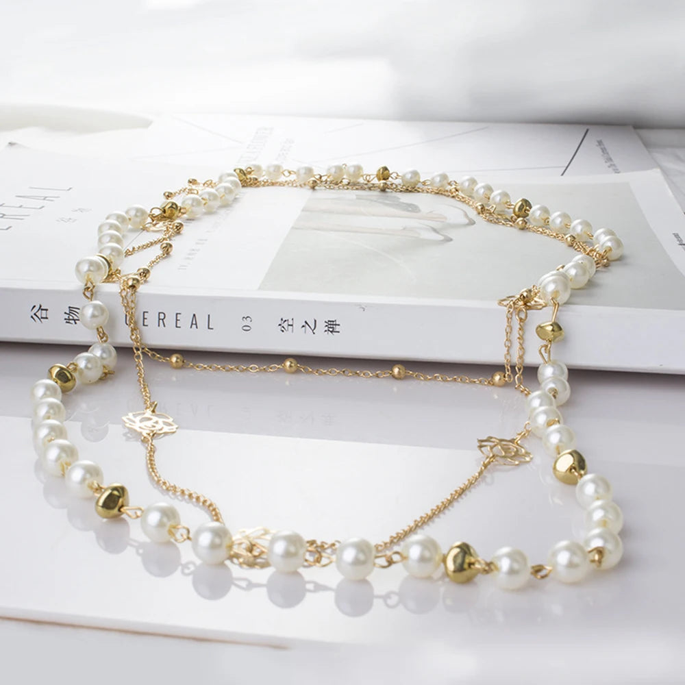 Long Double Layer Simulated Pearl Necklace Women Sweater Chain  Female Collares