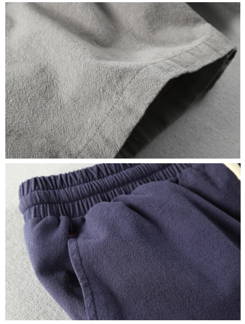 Schinteon Summer Men Casual Cotton Linen Shorts Knee Length Beach Elastic Waist Shorts Solid Color Comfortable Pants New