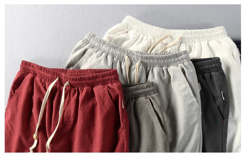 Schinteon Summer Men Casual Cotton Linen Shorts Knee Length Beach Elastic Waist Shorts Solid Color Comfortable Pants New