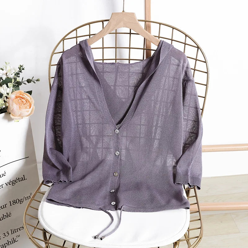 Hooded Thin Sweater Cardigan Women Silk Linen Spring  Summer Lace Up V-neck Short
