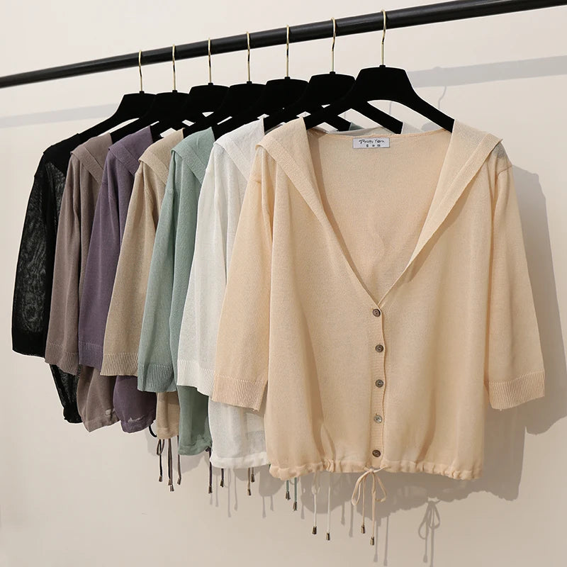 Hooded Thin Sweater Cardigan Women Silk Linen Spring  Summer Lace Up V-neck Short