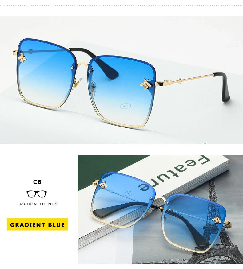 New Fashion Lady Oversize Rimless Square Bee Sunglasses Women Men Small Glasses Gradient Sun Glasses Female UV400