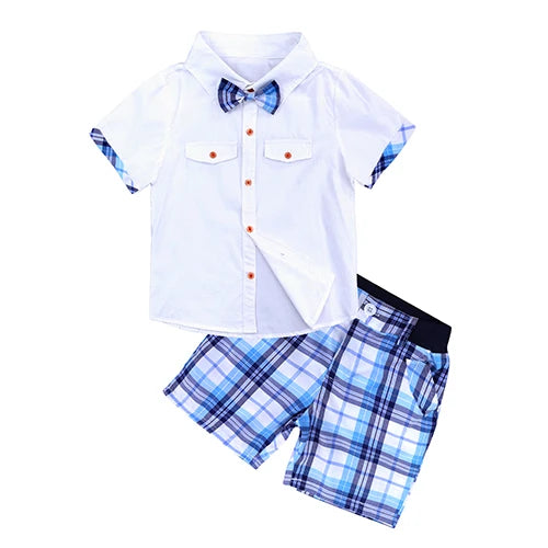 Children Clothing Boys Summer Clothes 2025 Short Sleeve Bow Tie Shirt+Plaid Shorts Suit Kids Clothing Set for 2-6Y Babies