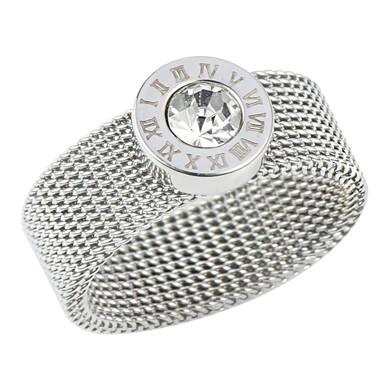 Gold Color Stainless Steel Ring Big Round Crystal Mesh Finger Ring Roman