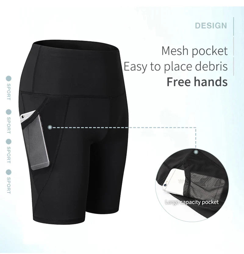 2023 Summer Gym Shorts Women High Waist Compression Quick Dry Yoga Shorts femme Fitness Running Push Up Shorts Pockets Design