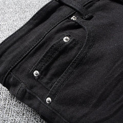 Men's black patchwork stretch denim biker jeans for motorcycle Slim fit skinny