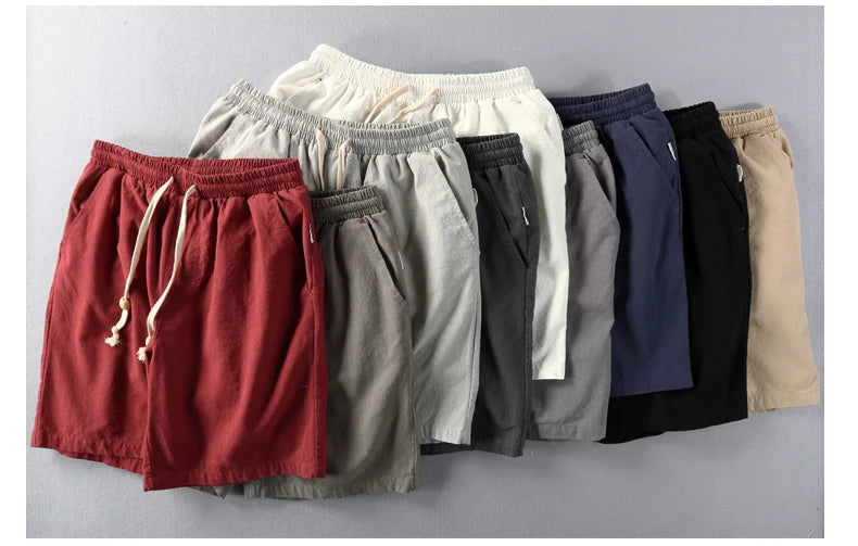 Schinteon Summer Men Casual Cotton Linen Shorts Knee Length Beach Elastic Waist Shorts Solid Color Comfortable Pants New