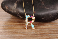 Rainbow Color Initial CZ Necklace Charm Letter Pendant Name Jewelry