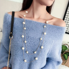 Long Double Layer Simulated Pearl Necklace Women Sweater Chain  Female Collares