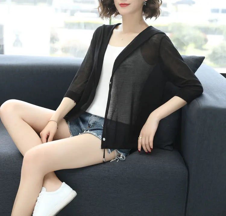 Hooded Thin Sweater Cardigan Women Silk Linen Spring  Summer Lace Up V-neck Short