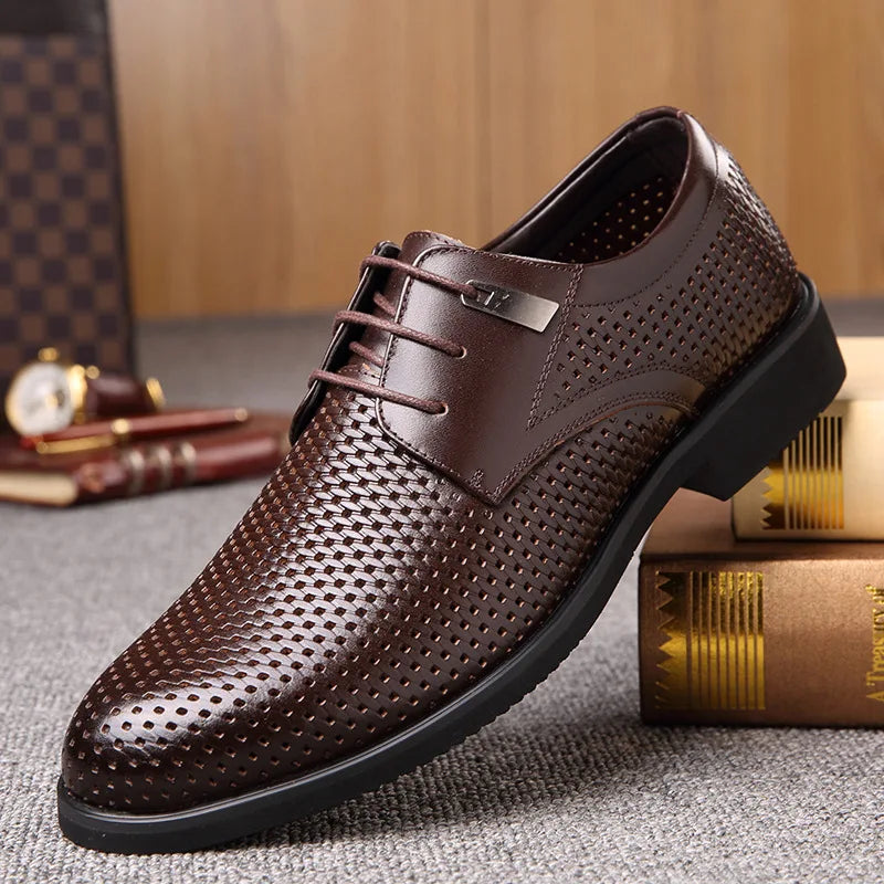 QFFAZ Men Shoes Luxury Brand Hollow Out Formal Shoes Summer Pointed Toe Business Suit Office Oxford Dress Footwear Brown Black