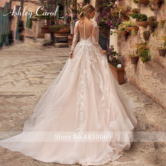 Wedding Dresses For Women Appliques Tulle Backless Long Sleeve