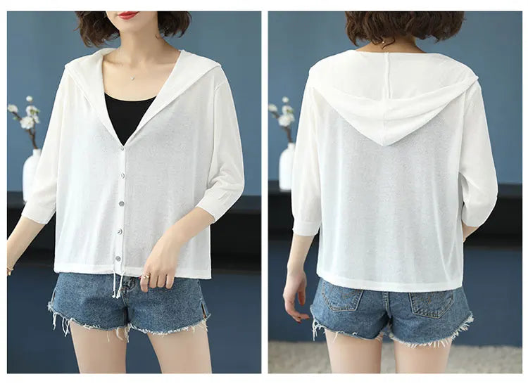 Hooded Thin Sweater Cardigan Women Silk Linen Spring  Summer Lace Up V-neck Short