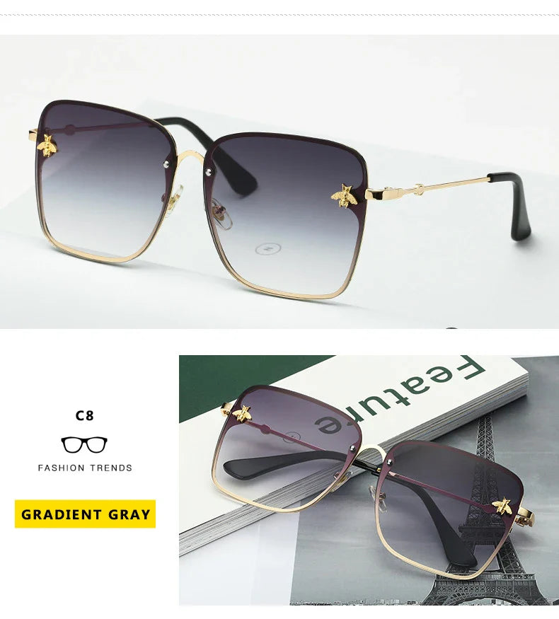 New Fashion Lady Oversize Rimless Square Bee Sunglasses Women Men Small Glasses Gradient Sun Glasses Female UV400