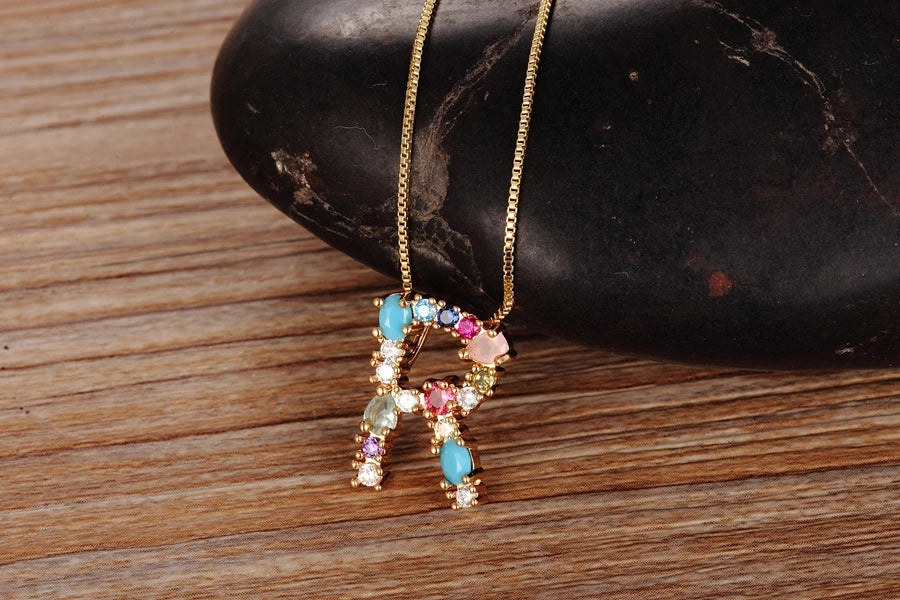 Rainbow Color Initial CZ Necklace Charm Letter Pendant Name Jewelry