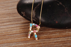 Rainbow Color Initial CZ Necklace Charm Letter Pendant Name Jewelry