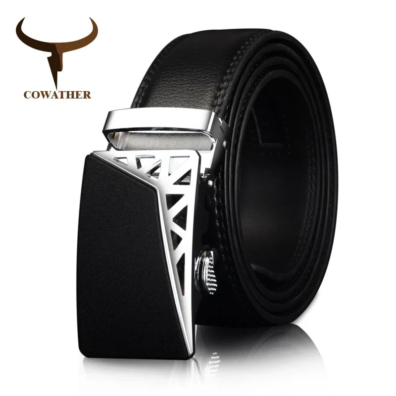 COWATHER Genuine Leather belts for men Automatic Ratchet Buckle Fashion casual Leather belts Waist 30-44 BROWN BLACK CZ052