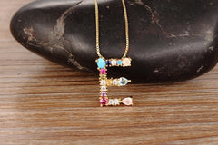 Rainbow Color Initial CZ Necklace Charm Letter Pendant Name Jewelry