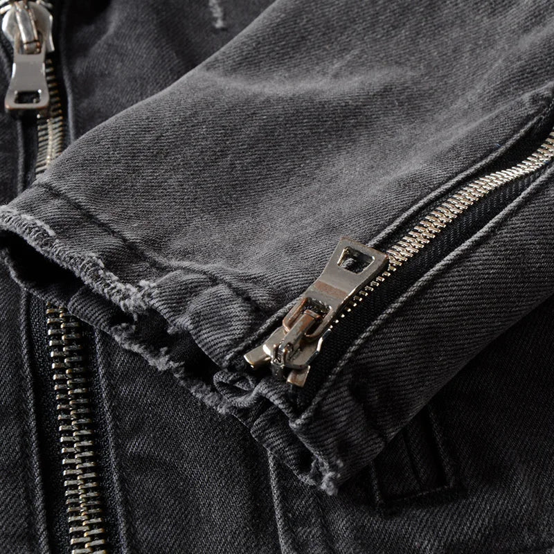 Men's zippers black denim jean biker jacket for motorcycle Vintage epaulet holes coat