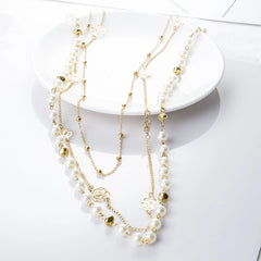 Long Double Layer Simulated Pearl Necklace Women Sweater Chain  Female Collares