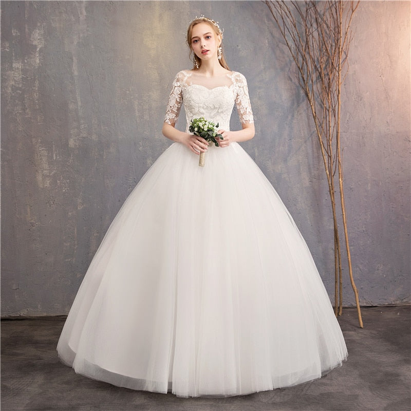 White Bridesmaid Dresses: Wedding Dress Half Cap Sleeve Princess Illusion