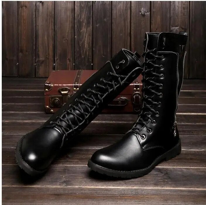 Men Black Leather Military Boots Men Shoes Retro Combat Boots Belt Buckle Punk Martin Motorcycle Boots