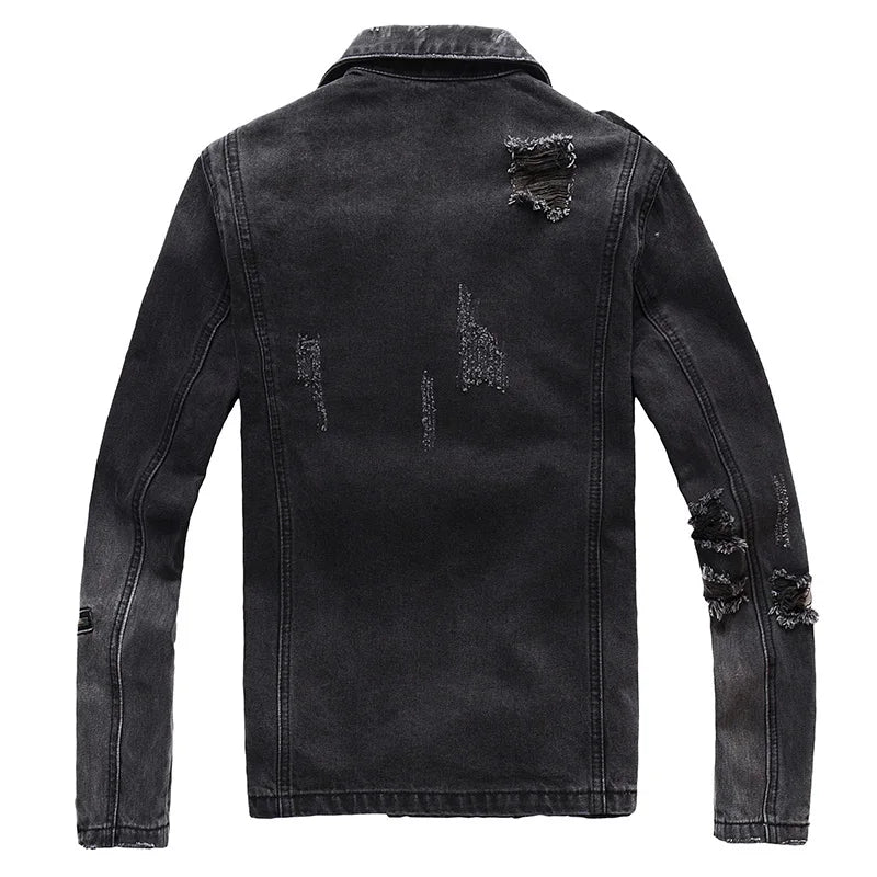 Men's zippers black denim jean biker jacket for motorcycle Vintage epaulet holes coat