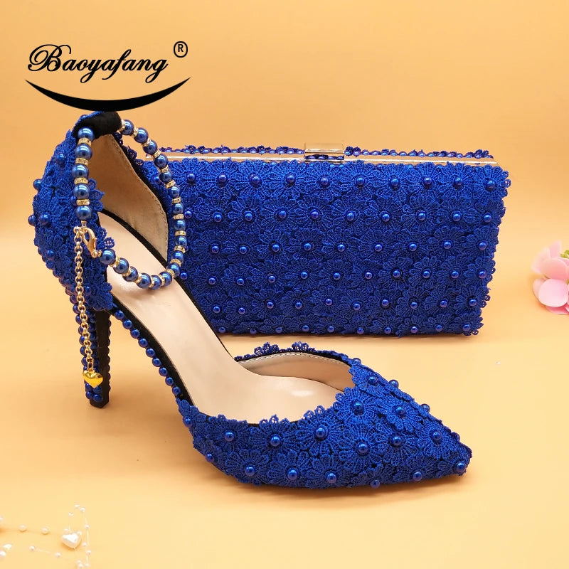 Royal Blue Lace Flower wedding shoes with matching bags High heels Pointed Toe Ankle Strap Ladies Party shoe and bag set