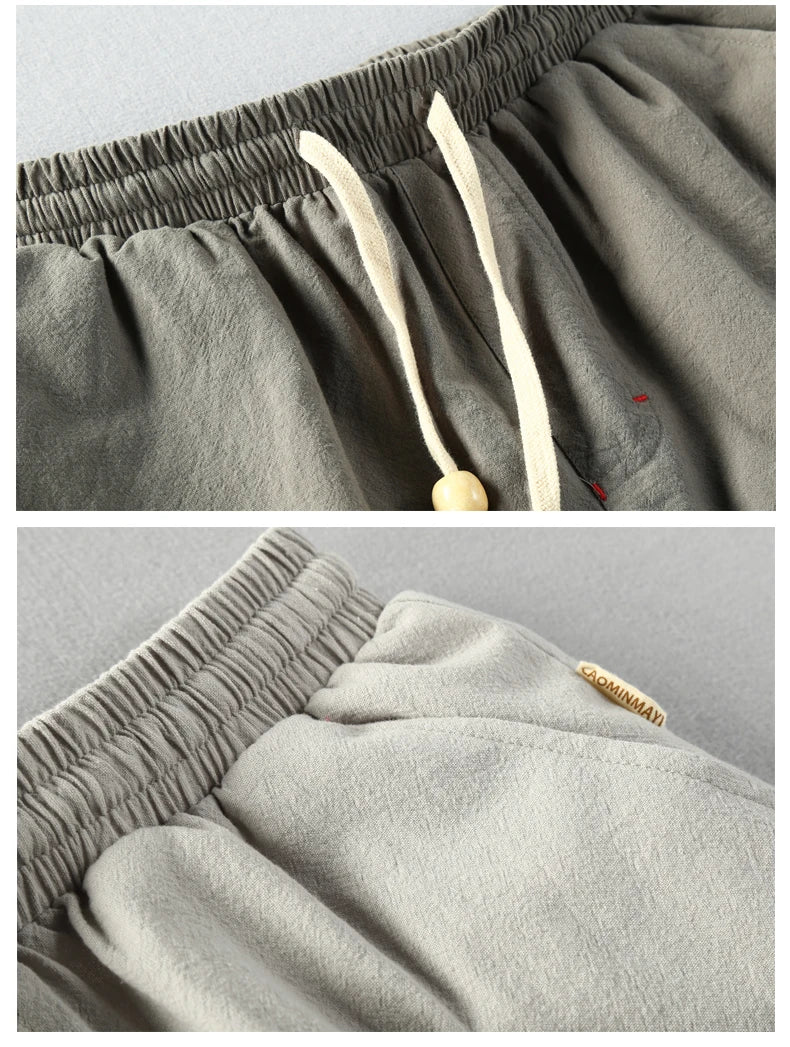 Schinteon Summer Men Casual Cotton Linen Shorts Knee Length Beach Elastic Waist Shorts Solid Color Comfortable Pants New