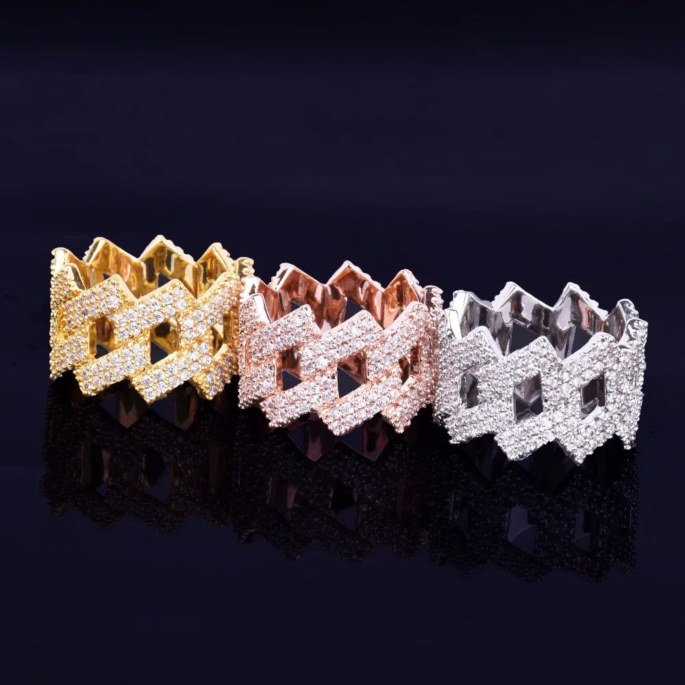Bubble Letter Miami Cuban Link Rings for Men Gold Color Iced Out Full Zircon Hip Hop