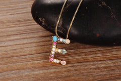 Rainbow Color Initial CZ Necklace Charm Letter Pendant Name Jewelry