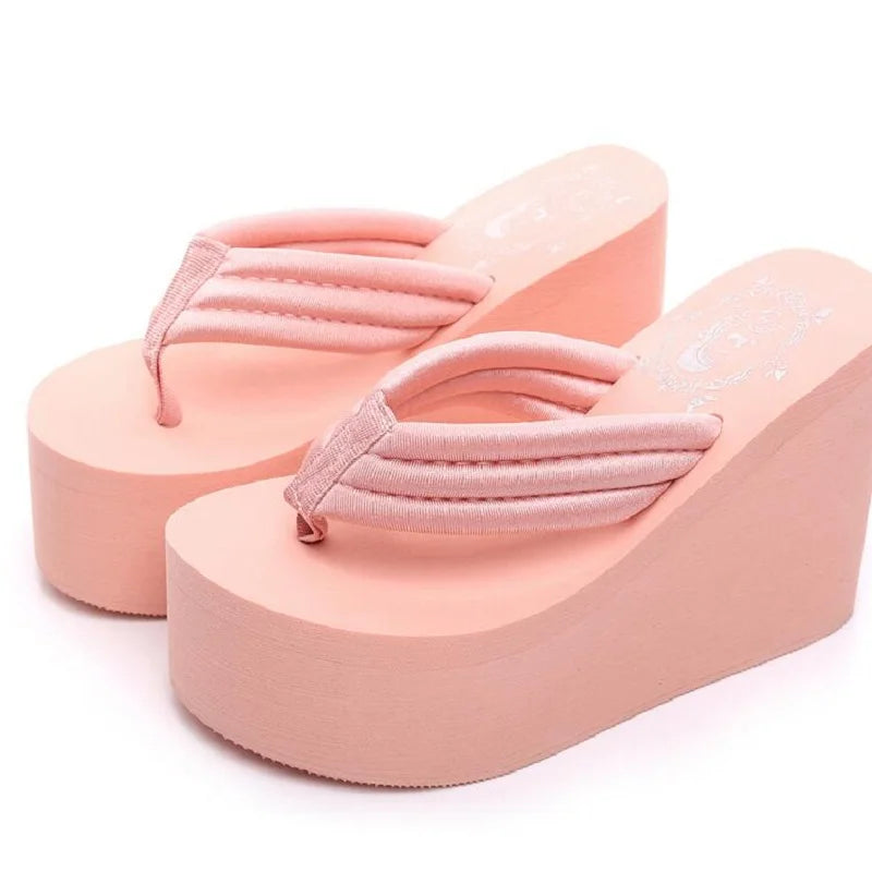 Women Fashion Summer Chunky Sole Wedges Heels Flip Flops Casual Shoes New Arrival Waterproof Taiwan Slippers Sexy Lady Sandals