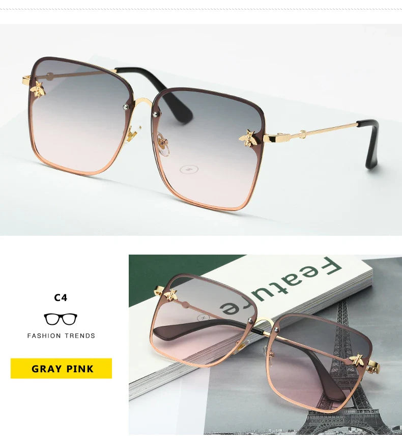 New Fashion Lady Oversize Rimless Square Bee Sunglasses Women Men Small Glasses Gradient Sun Glasses Female UV400
