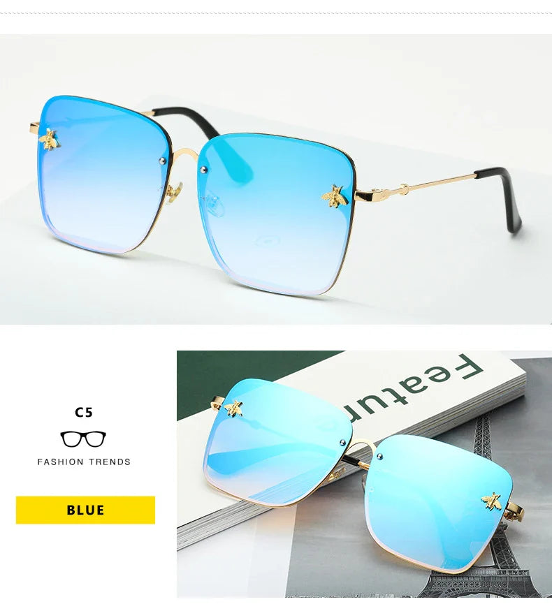 New Fashion Lady Oversize Rimless Square Bee Sunglasses Women Men Small Glasses Gradient Sun Glasses Female UV400
