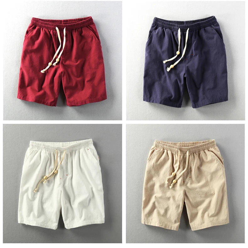 Schinteon Summer Men Casual Cotton Linen Shorts Knee Length Beach Elastic Waist Shorts Solid Color Comfortable Pants New