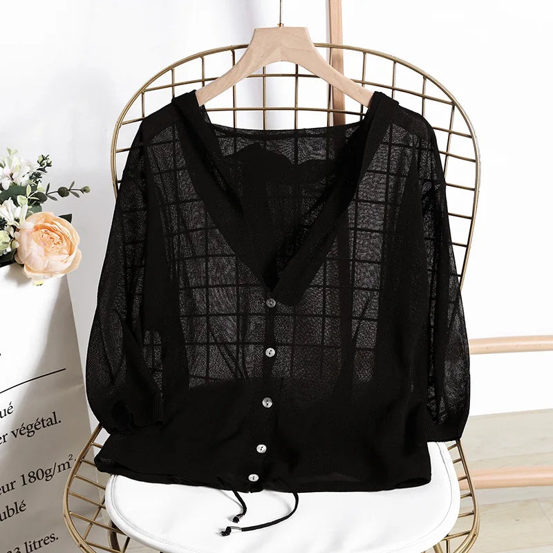 Hooded Thin Sweater Cardigan Women Silk Linen Spring  Summer Lace Up V-neck Short