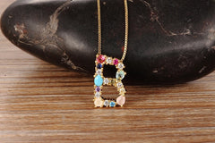 Rainbow Color Initial CZ Necklace Charm Letter Pendant Name Jewelry