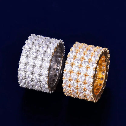 Bubble Letter Four Rows Solitaire Men's Rings Copper Charm Gold Color Cubic Zircon