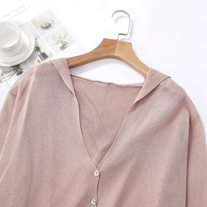 Hooded Thin Sweater Cardigan Women Silk Linen Spring  Summer Lace Up V-neck Short