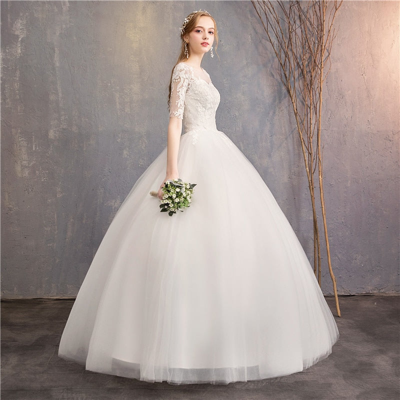 White Bridesmaid Dresses: Wedding Dress Half Cap Sleeve Princess Illusion